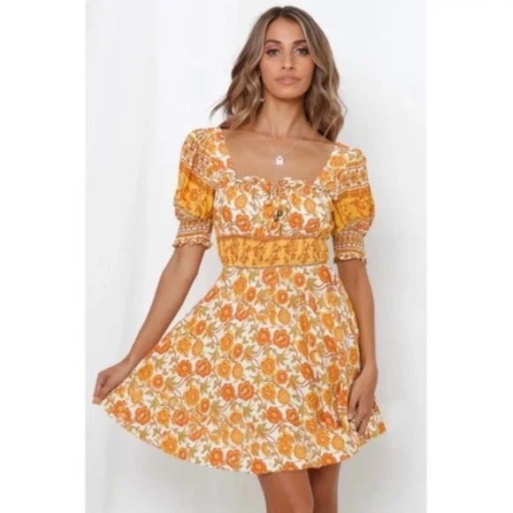 Bohemian Floral Retro Smocked Mini Dress - Picture 2 of 8